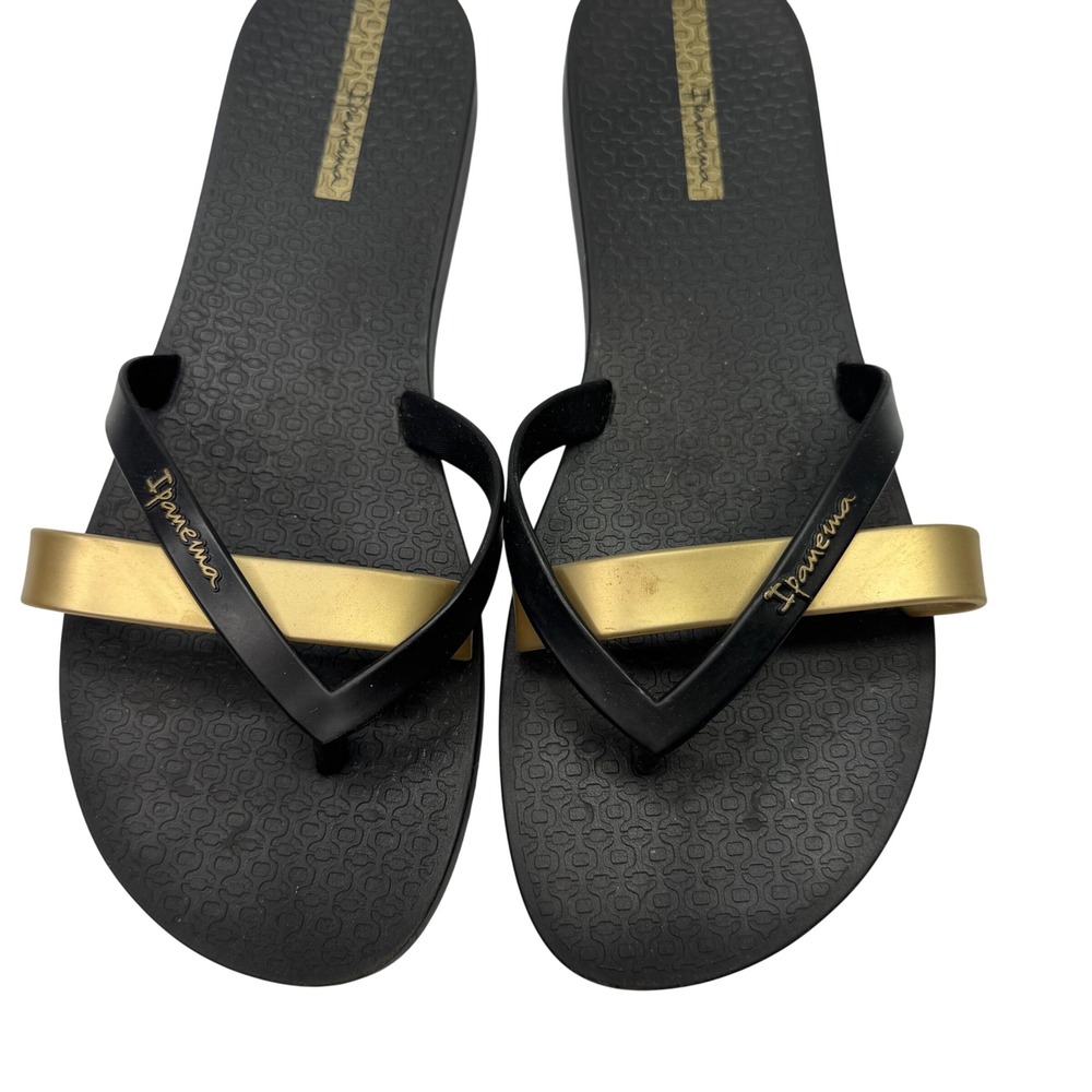 Ipanema Flip Flop Sandals Womens 9 Black Gold Dual Strap Thong Summer Beach
